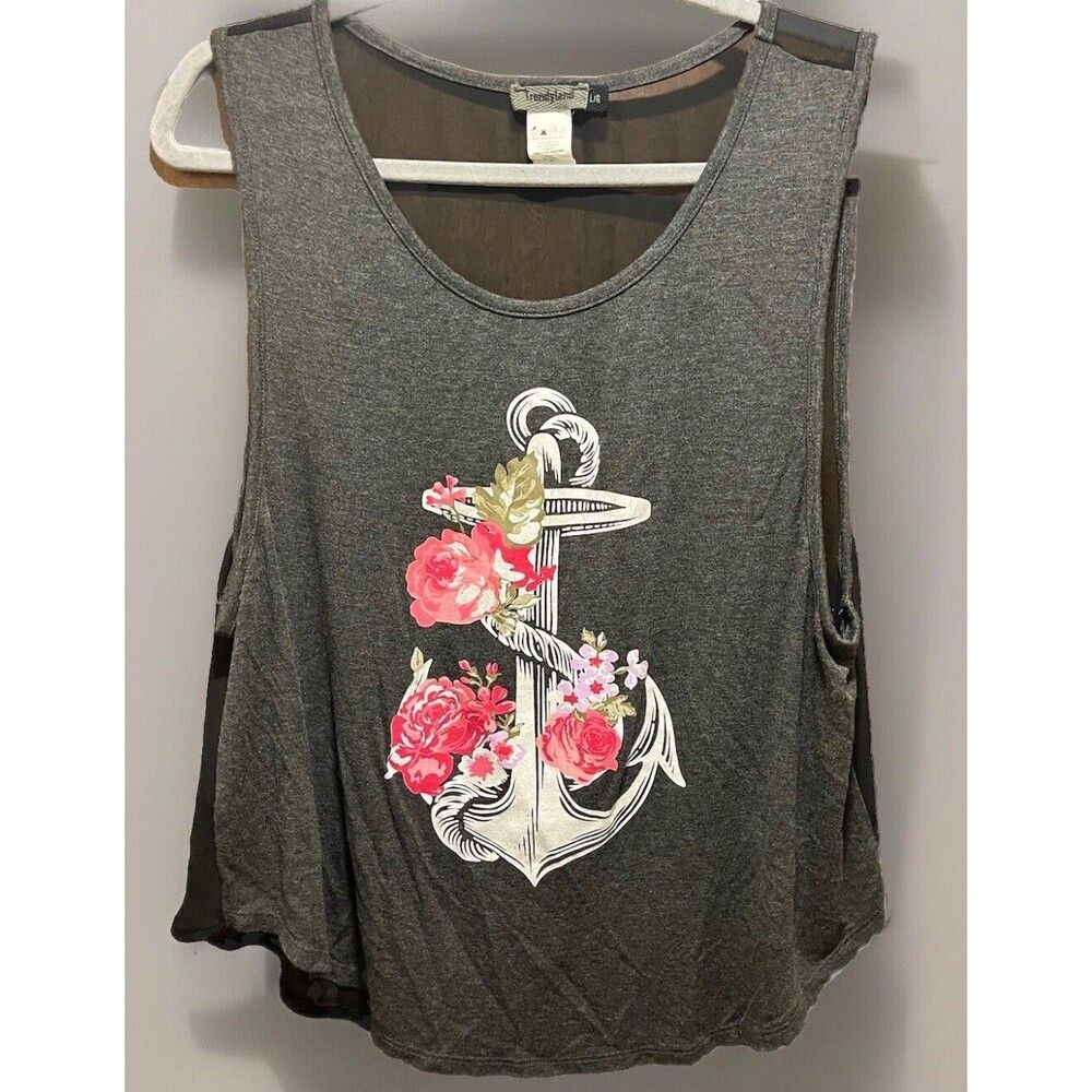 Trendyland Floral Anchor Graphic Tank Top Womens Size Large Gray Black Sheer